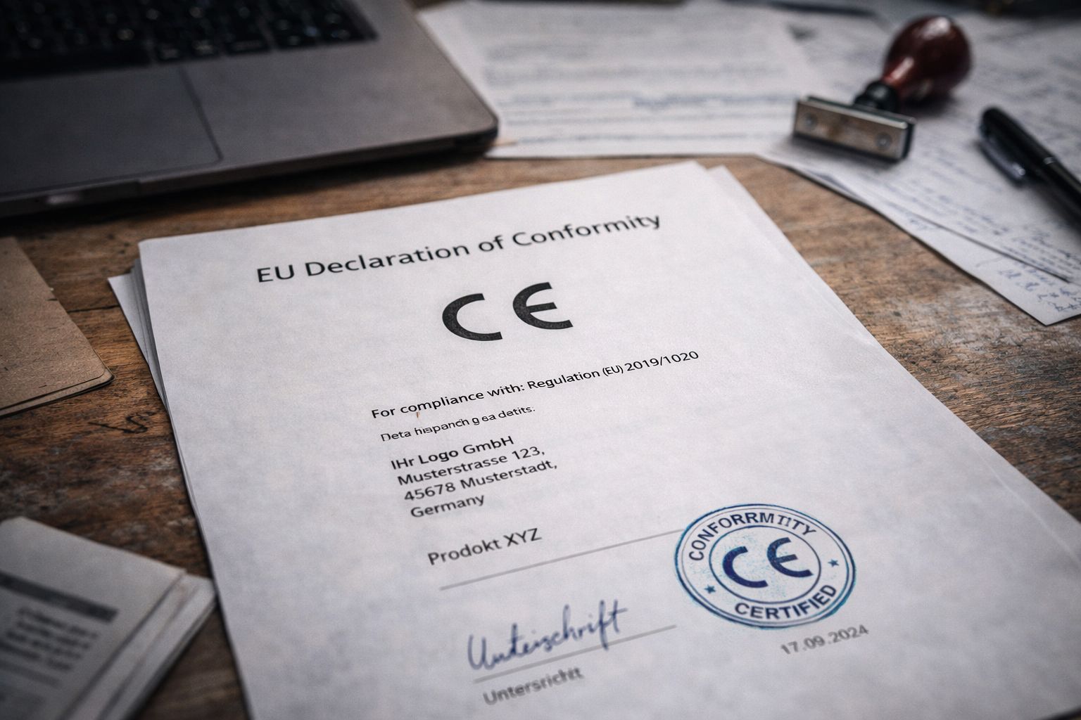 EU-Konformitätserklärung mit CE-Kennzeichnung auf einem Schreibtisch, daneben Laptop und Stempel