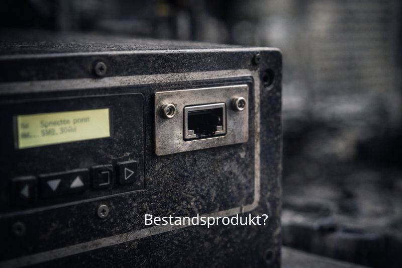 Bestandsprodukt mit Ethernet-Schnittstelle und Display in einer Fertigungsumgebung, eingeblendete Frage „Bestandsprodukt?"
