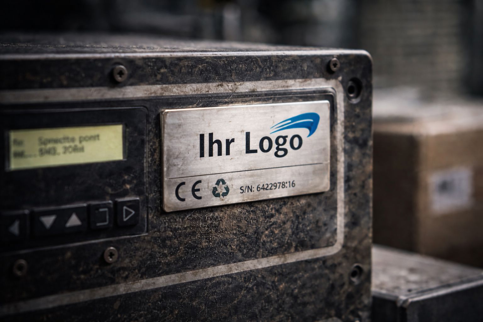 Industrieprodukt mit Typenschild „Ihr Logo" und CE-Kennzeichnung im Lager, daneben Versandkartons